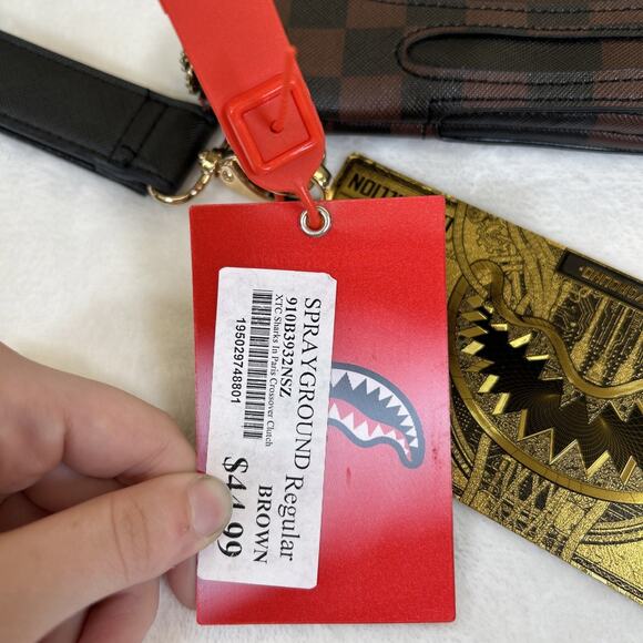 NEW Sprayground Sharks in Paris Drip Brown Checked Crossover Clutch BnftsCharity - Picture 9 of 12